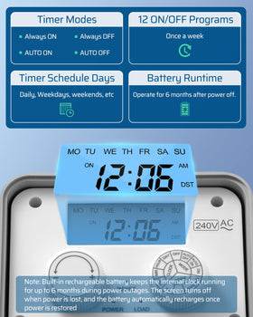 DEWENWILS pool timer backup memory preserves programs during outages.