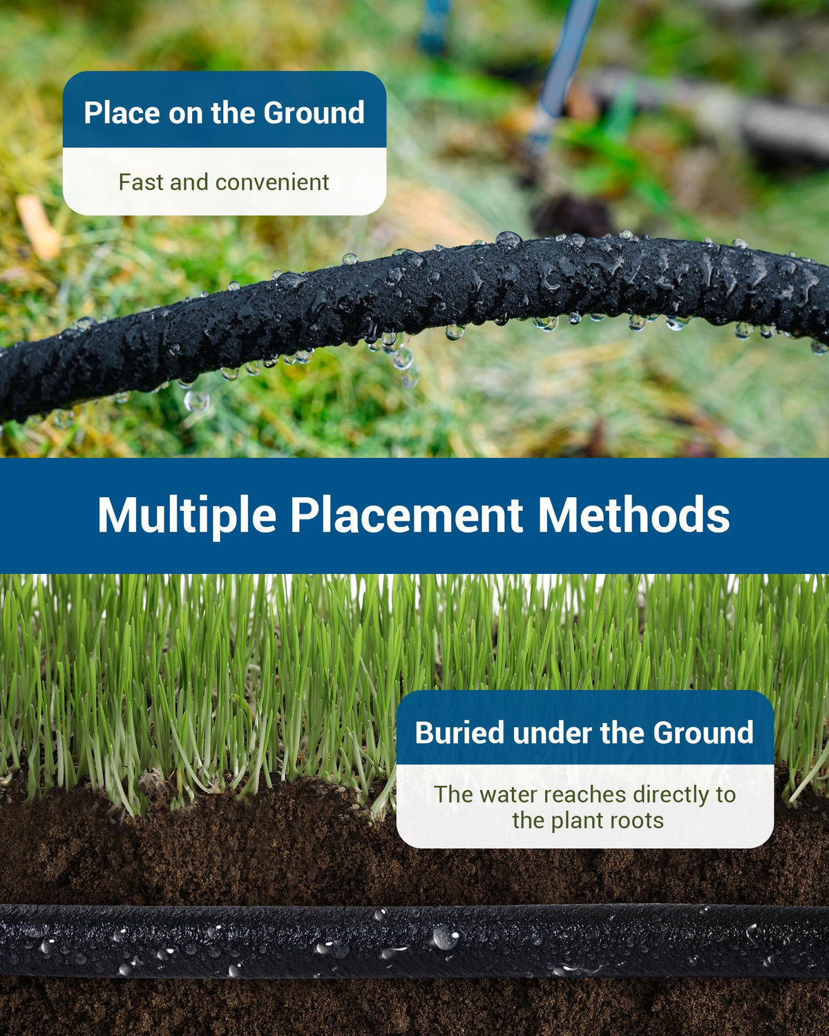 DEWENWILS Soaker Hose setup in garden bed demonstrates versatile, durable irrigation for shrubs and trees