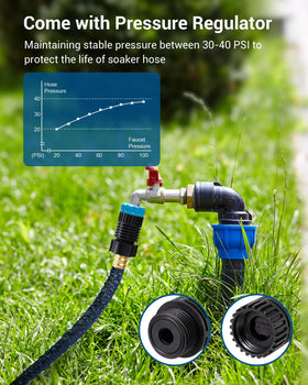 DEWENWILS Soaker Hose pressure regulator visible for balanced watering across plant rows