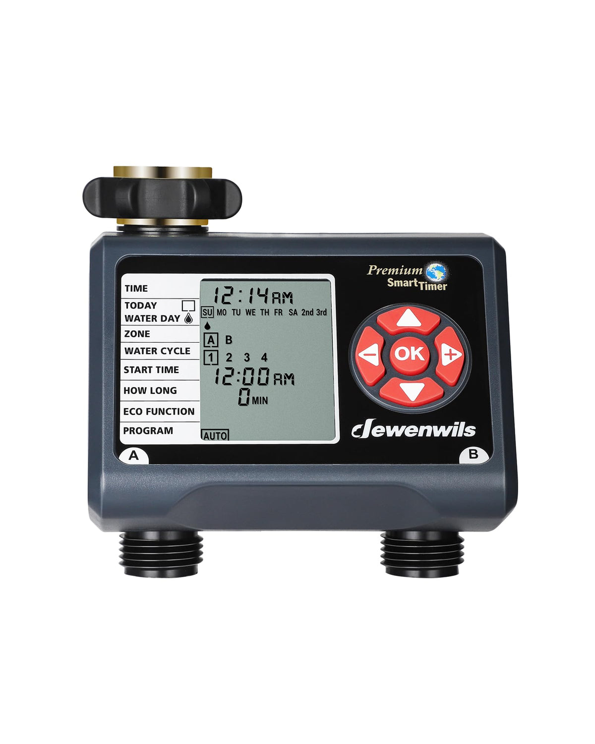 DEWENWILS 2-zone sprinkler timer front view with clear LCD for scheduling