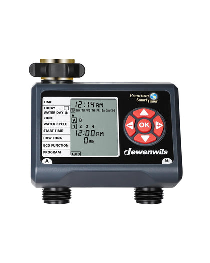 DEWENWILS 2-zone sprinkler timer front view with clear LCD for scheduling