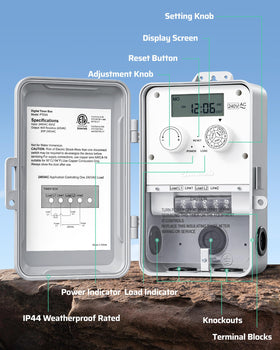 DEWENWILS timer with wide outdoor compatibility for pumps, heaters, irrigation, lighting.