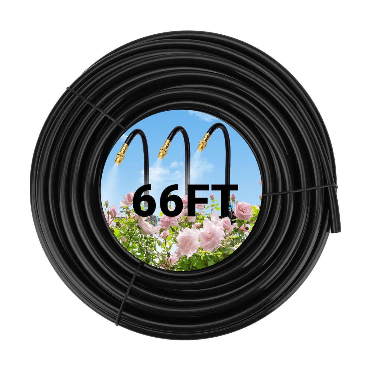 Dewhush 66ft drip hose, coiled, provides efficient irrigation for gardens.