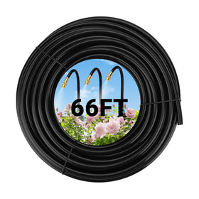 Dewhush 66ft drip hose, coiled, provides efficient irrigation for gardens.
