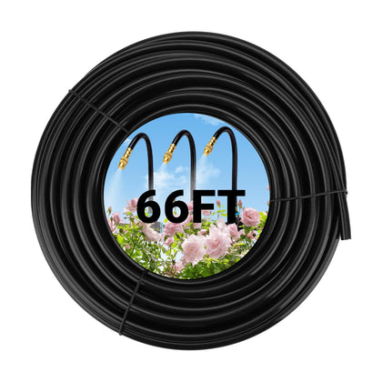 Dewhush 66ft drip hose, coiled, provides efficient irrigation for gardens.