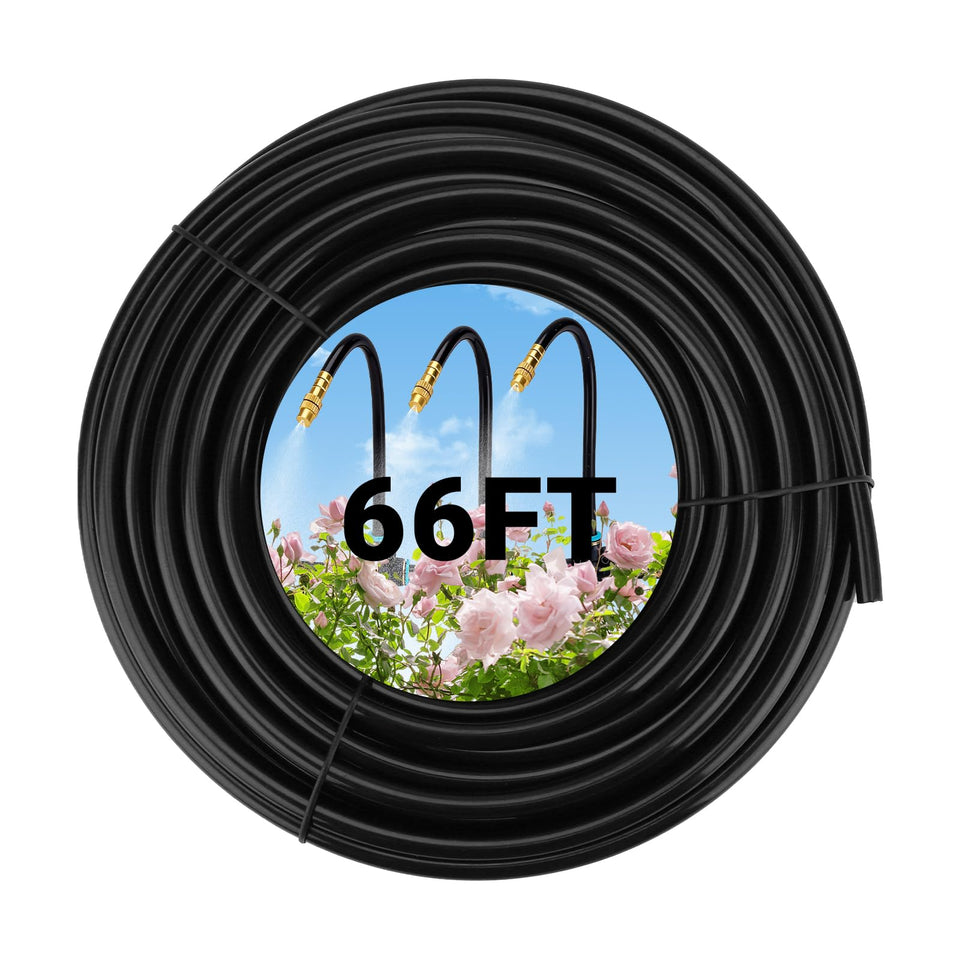 Dewhush 66ft drip hose, coiled, provides efficient irrigation for gardens.