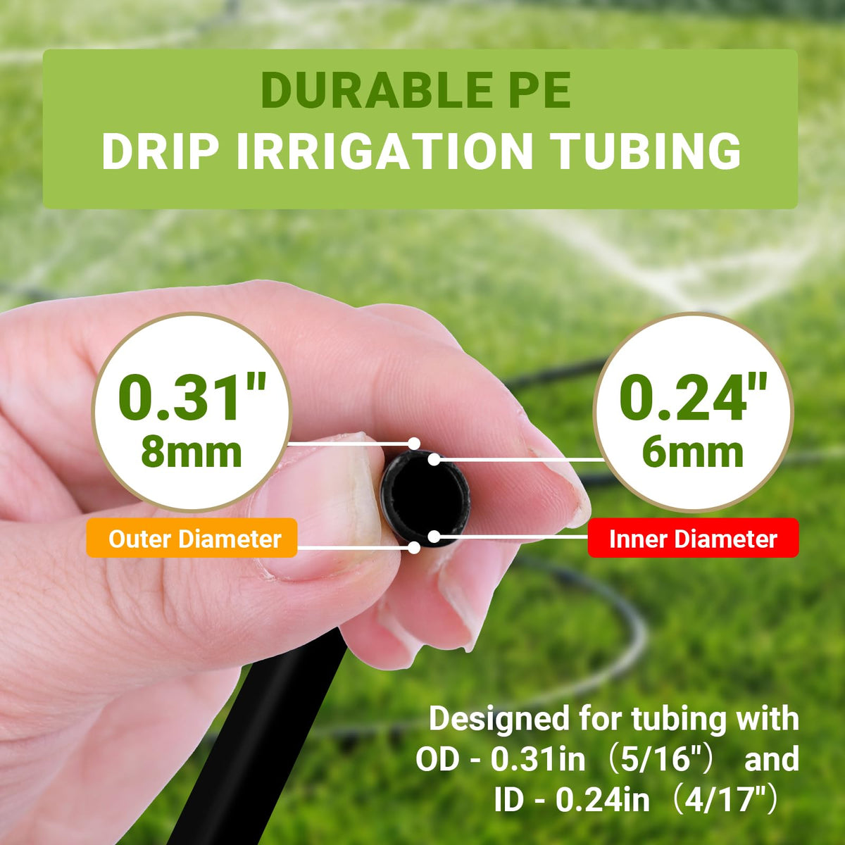 Dewhush drip-tube durable UV-resistant for year-round outdoor use.