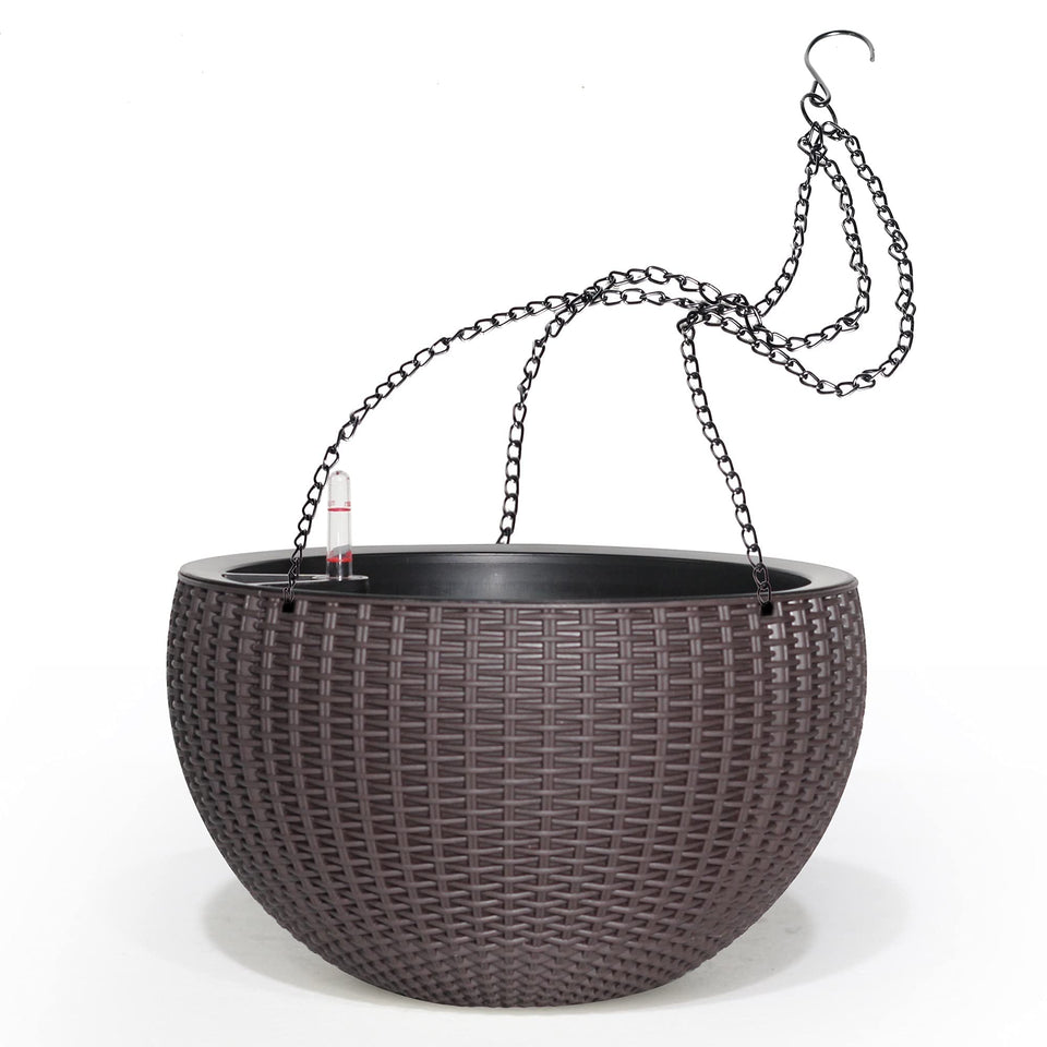 Dexceder large hanging planter showing water reservoir for auto-watering.