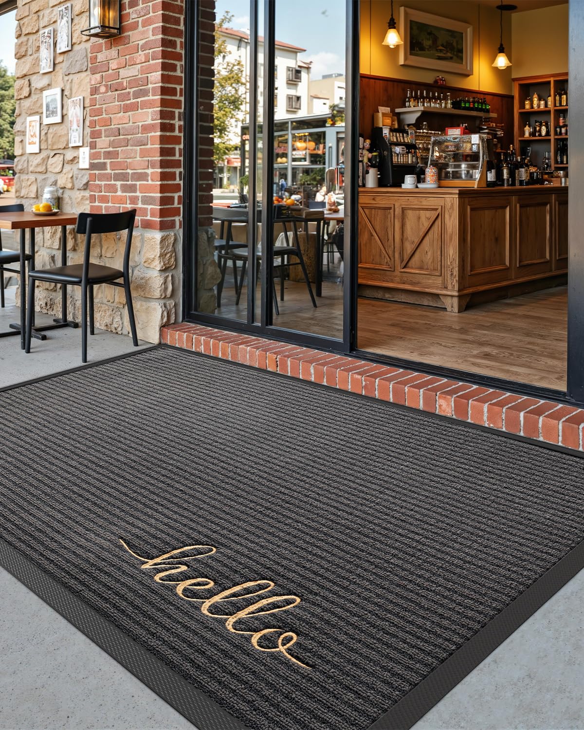 DEXI dirt-scraping mat captures debris from shoes at the doorstep.