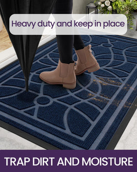DEXI easy-clean outdoor mat blue rinses clean with hose.
