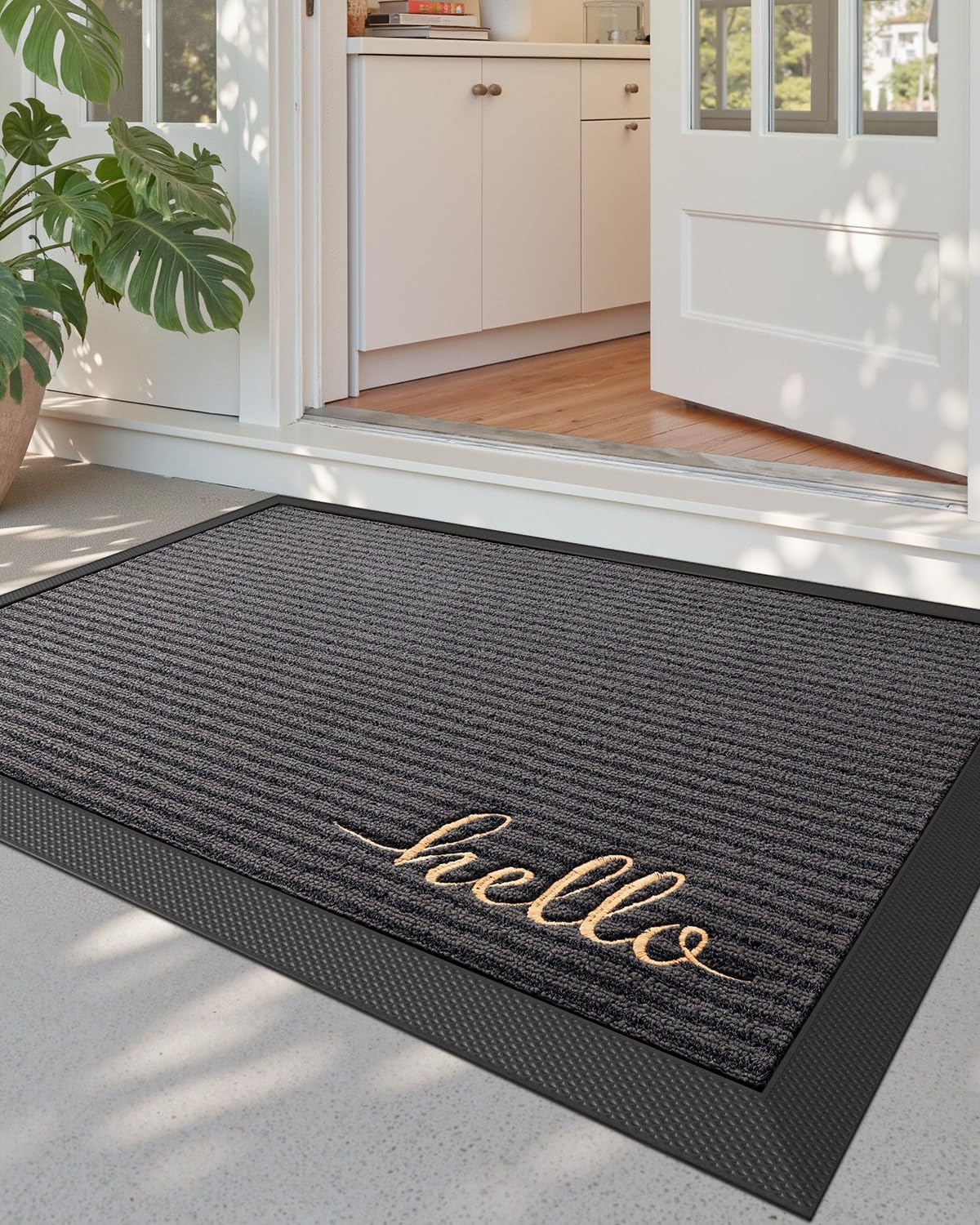 DEXI front door mat with absorbent surface traps moisture and dirt at the doorway.