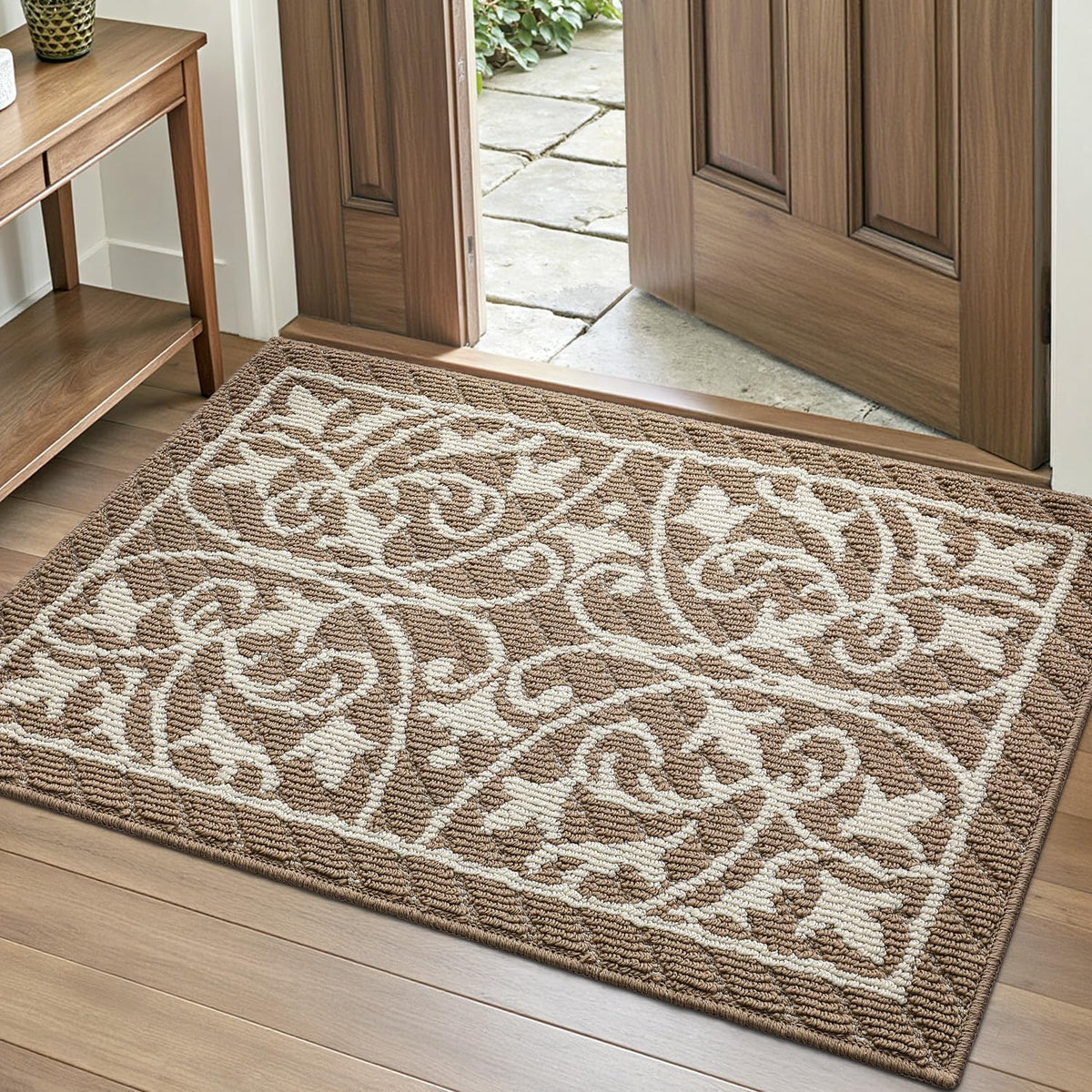 DEXI front door mat for indoor entryway traps dirt and keeps floors clean.