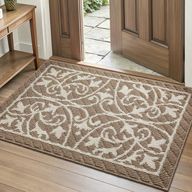 DEXI front door mat for indoor entryway traps dirt and keeps floors clean.