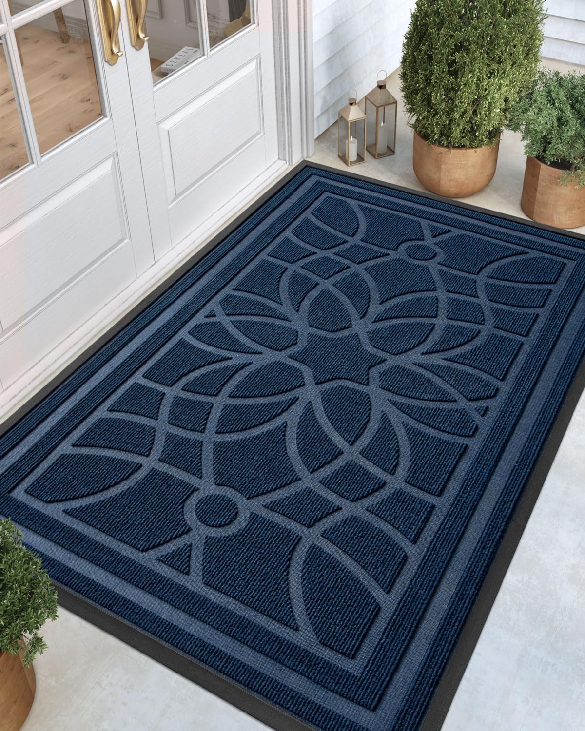 DEXI front door mat blue at outdoor entrance traps dirt and moisture