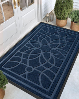 DEXI front door mat blue at outdoor entrance traps dirt and moisture