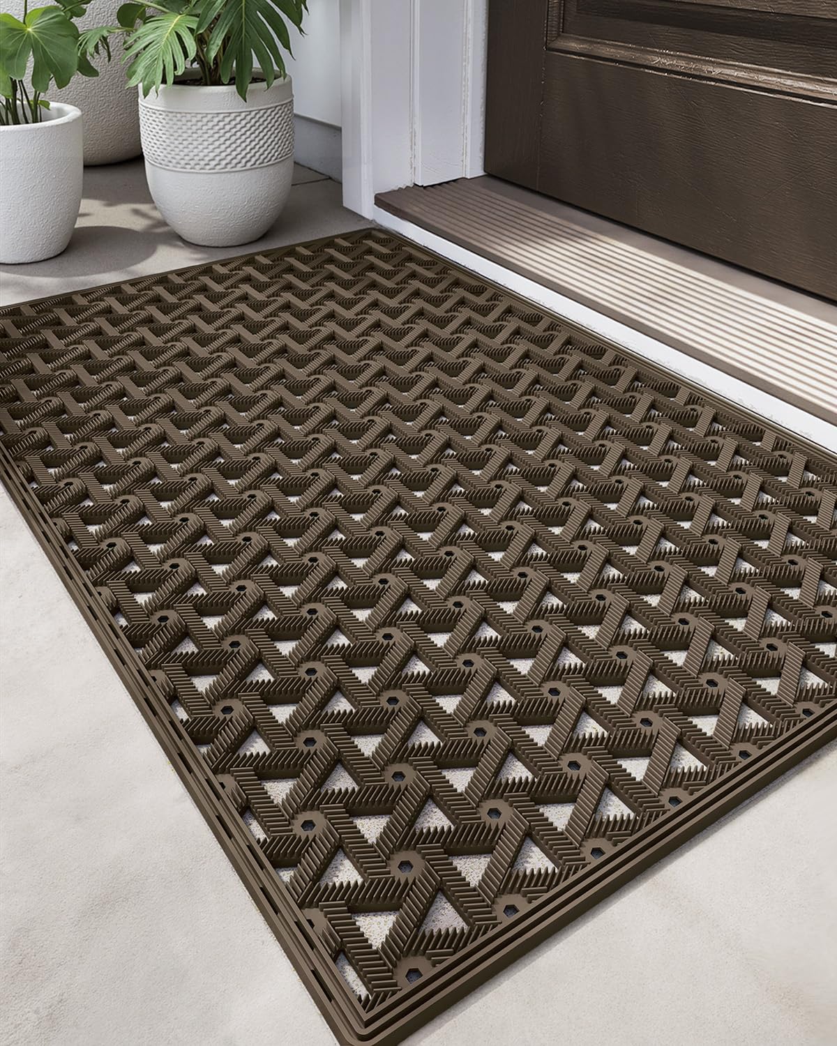 DEXI front door mat for outdoor entrance with brown finish and rugged grip.