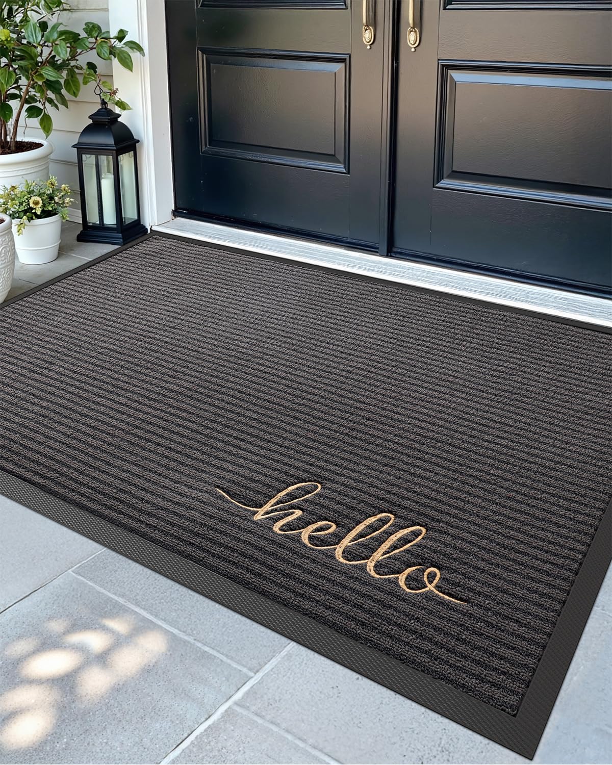DEXI Hello Grey front door mat with absorbent surface for dirt control.