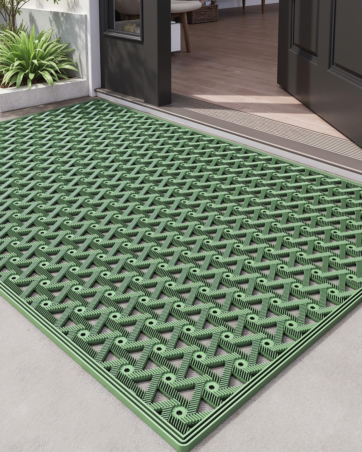 DEXI front door mat in green with non-slip grip for high-traffic entryways