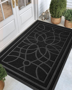 DEXI front door mat in outdoor view traps dirt at the entry for a cleaner foyer.
