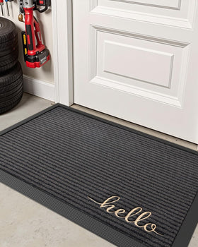 DEXI Hello Grey front porch mat adds subtle, modern styling.