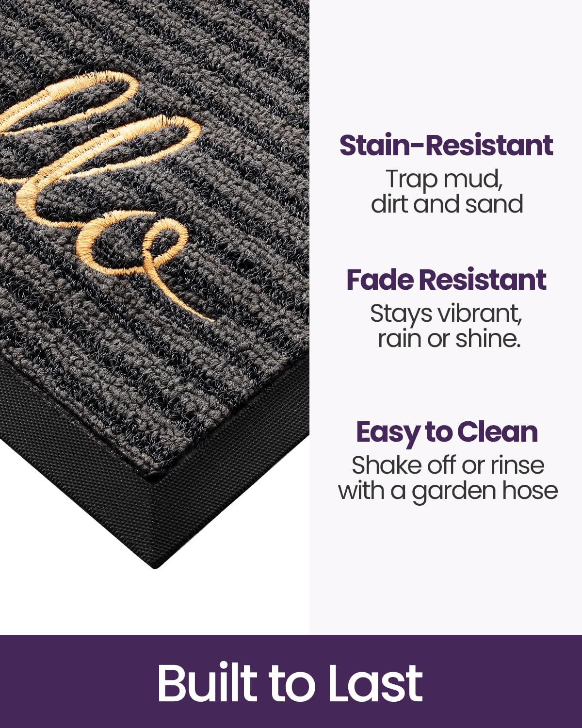 DEXI low-profile door mat top side in Hello Grey complements exterior decor.