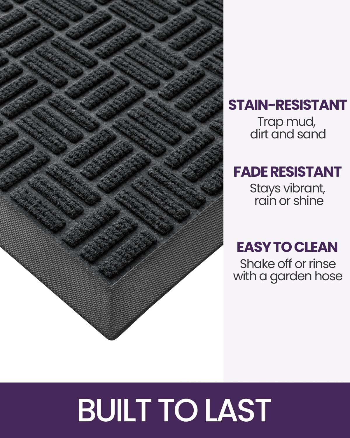DEXI non-slip rubber backing keeps mat stable in all weather.