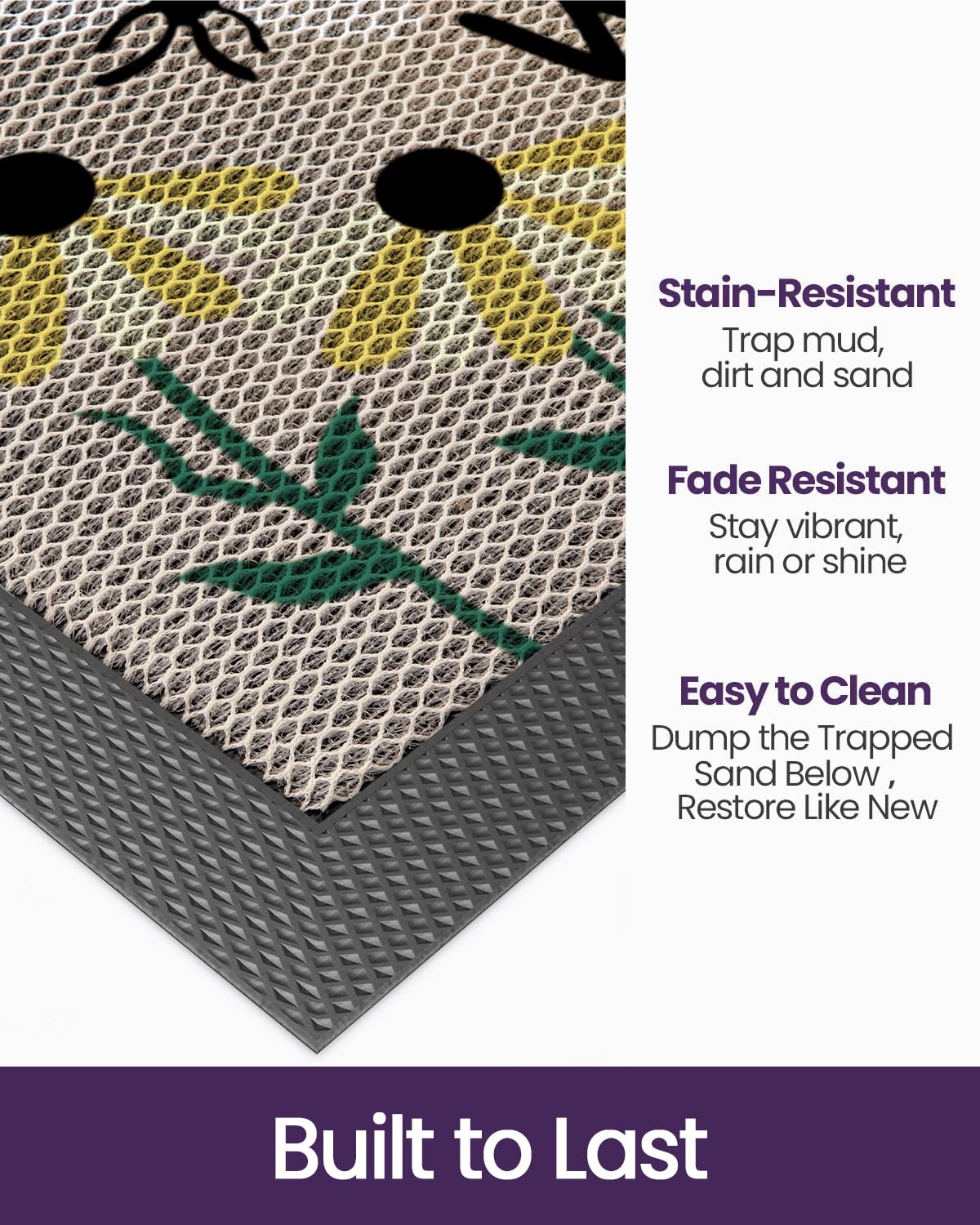 DEXI outdoor mat with bee-and-flower design withstands weather.