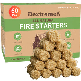 Dextreme Fire Starter 60 pcs packaging closeup for indoor and outdoor lighting.