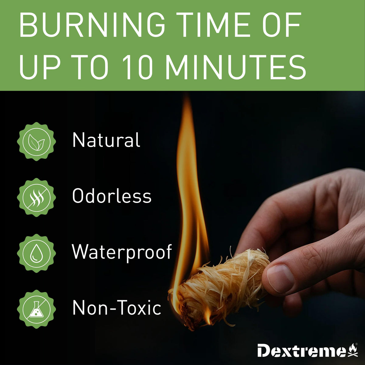 Dextreme Fire Starter ignition close-up shows fast lighting in seconds.