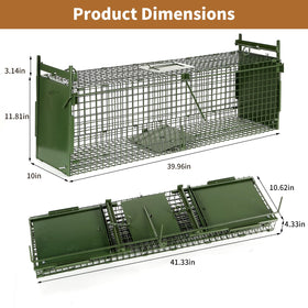 Dexyla 40-inch two-door trap side view, quick setup for humane wildlife capture.