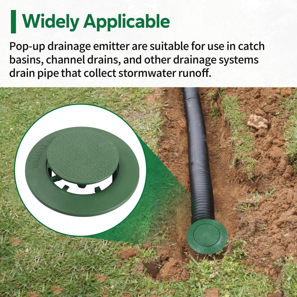 Dfnidy emitter cap flush with turf for mower-safe drainage.