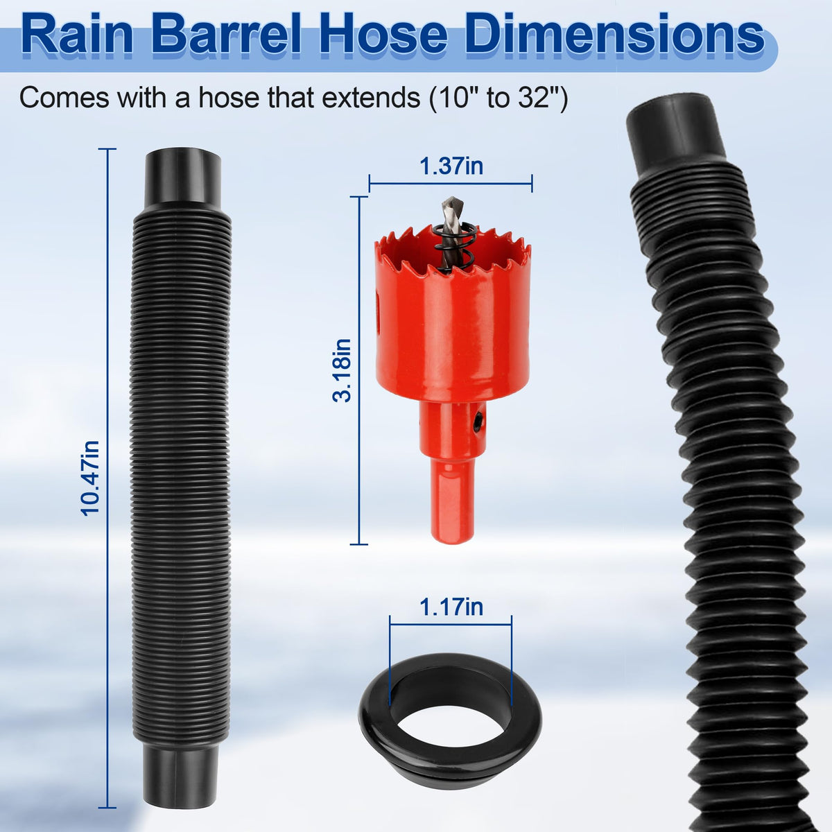 DFnidy rain barrel hose extension reaching two barrels for efficient water transfer.