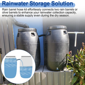 DFnidy rain barrel overflow hose routing from first barrel to second.