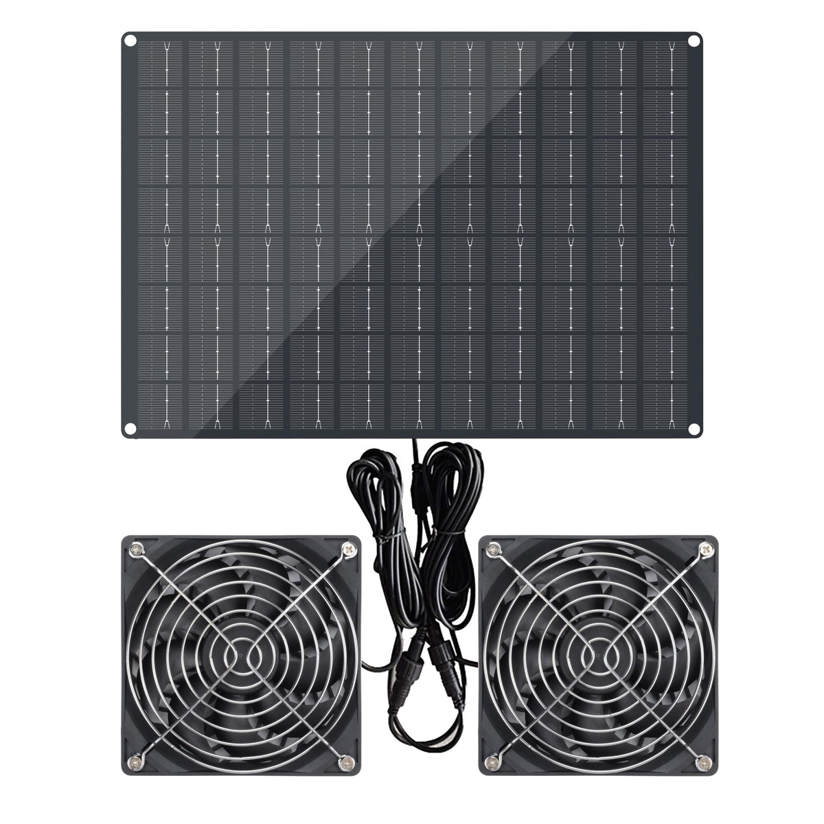 DFTIM solar powered fan front view for outdoor cooling in sheds and coops.