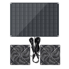 DFTIM solar powered fan front view for outdoor cooling in sheds and coops.