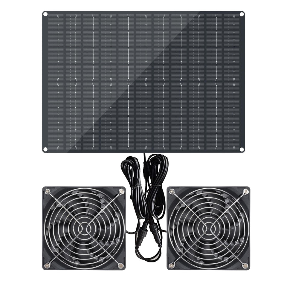 DFTIM solar powered fan front view for outdoor cooling in sheds and coops.