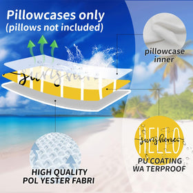 DFXSZ Hello Sunshine 16x16 linen pillow cover on an outdoor patio setup