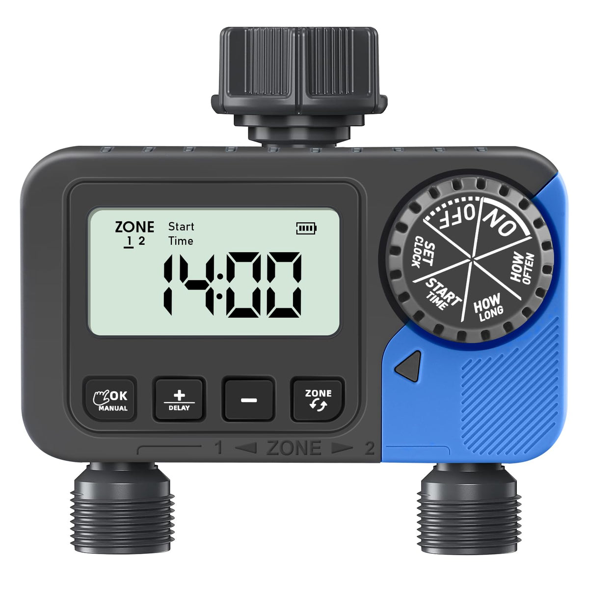 dgtenk sprinkler timer 2-zone front view showing dual outlets for gardens.