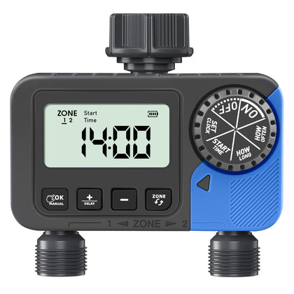 dgtenk sprinkler timer 2-zone front view showing dual outlets for gardens.