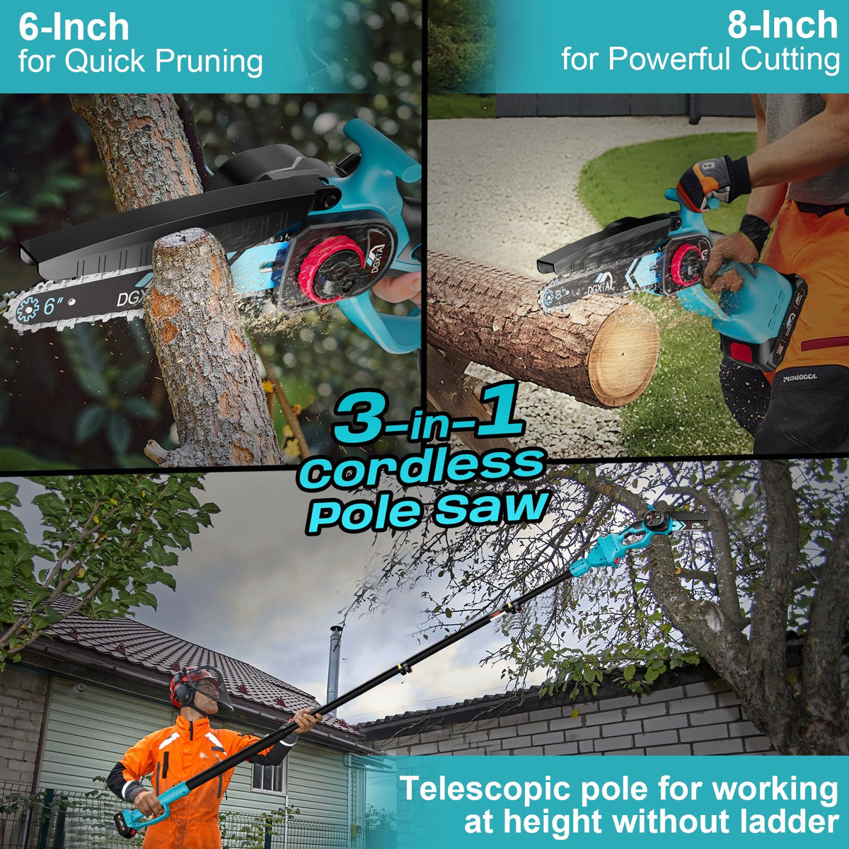 DGXTA 21V battery-powered pole saw enables cordless pruning anywhere.