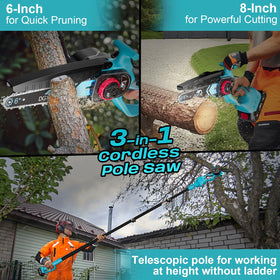 DGXTA 21V battery-powered pole saw enables cordless pruning anywhere.