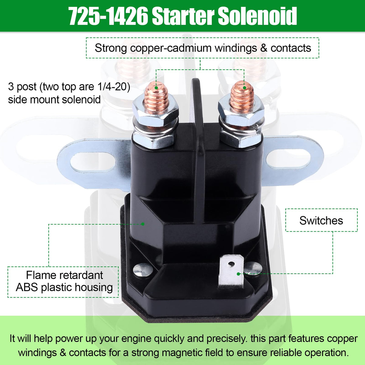 DH starter solenoid mounted at 90-degree angle facilitates simple installation on MTD models