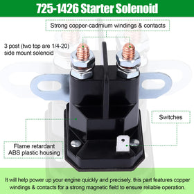 DH starter solenoid mounted at 90-degree angle facilitates simple installation on MTD models