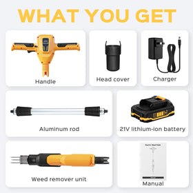 DIAINSKY package includes weed remover, battery, charger, head cover, and manual.