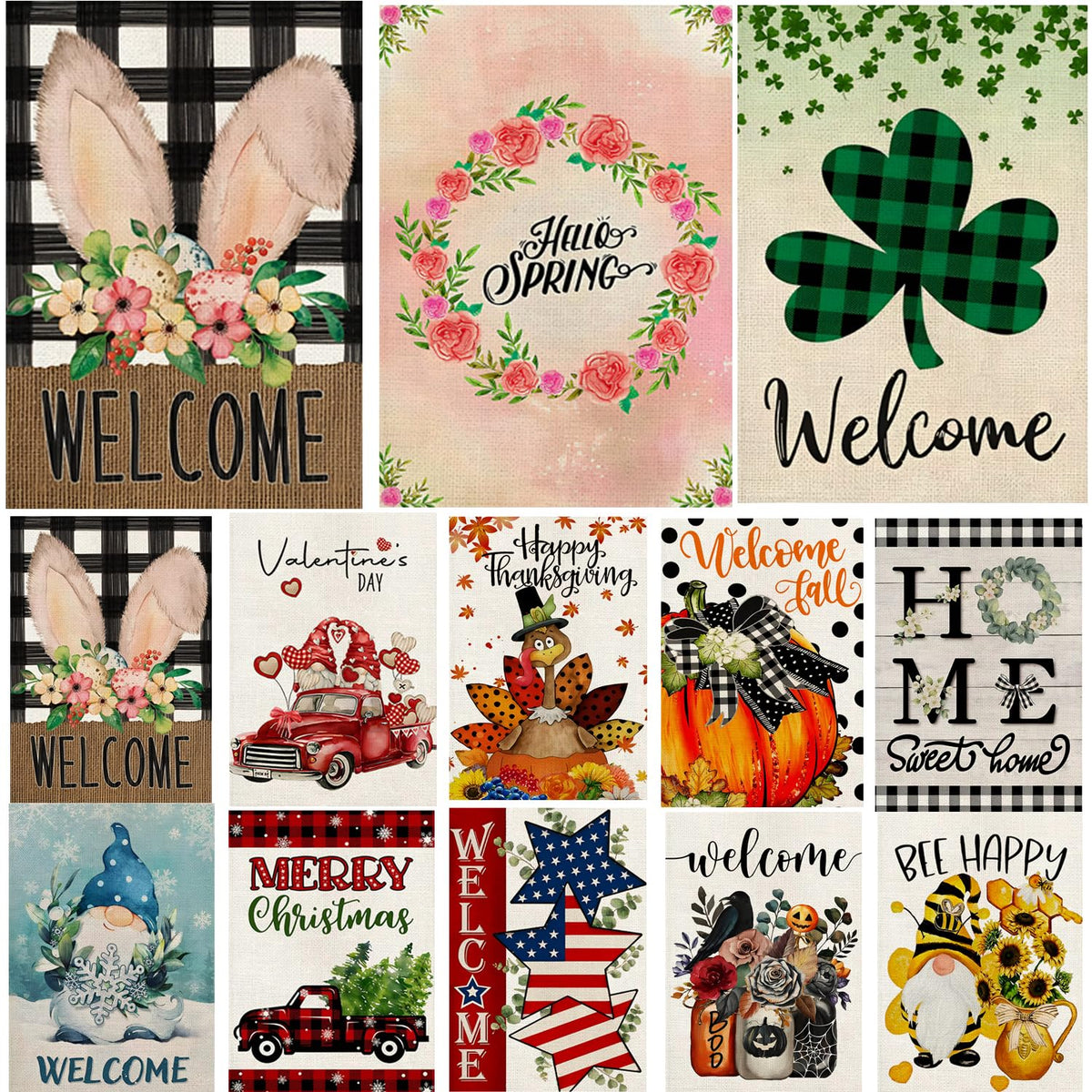 DiaKopes seasonal flags on front yard display with all-season designs