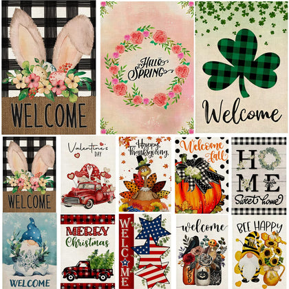 DiaKopes seasonal flags on front yard display with all-season designs