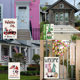 Diakopes yard decor gnome flags shown in garden with seasonal motifs