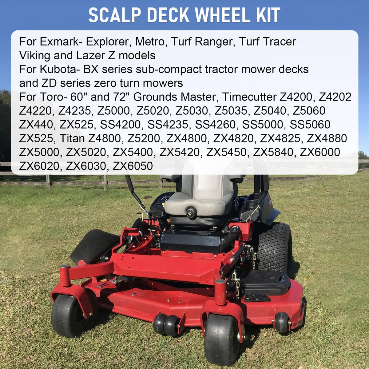 DICMIC wheel kit for Kubota BX-series; compatible with sub-compact mowers for smoother decks.