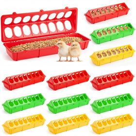 Didaey 12-pack quail feeders in green, red, and yellow for organized feeding.