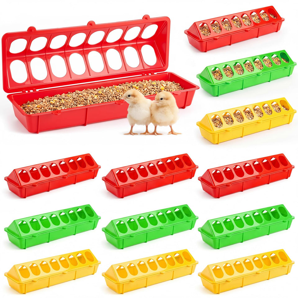Didaey 12-pack quail feeders in green, red, and yellow for organized feeding.